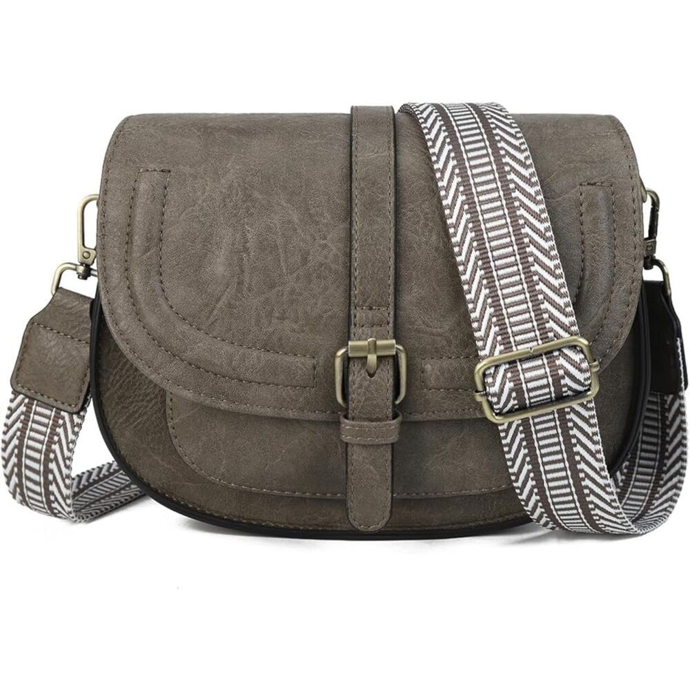 Women Grey Taupe Guitar Strap Imported Vegan Leather Saddle Cross Body Handbag